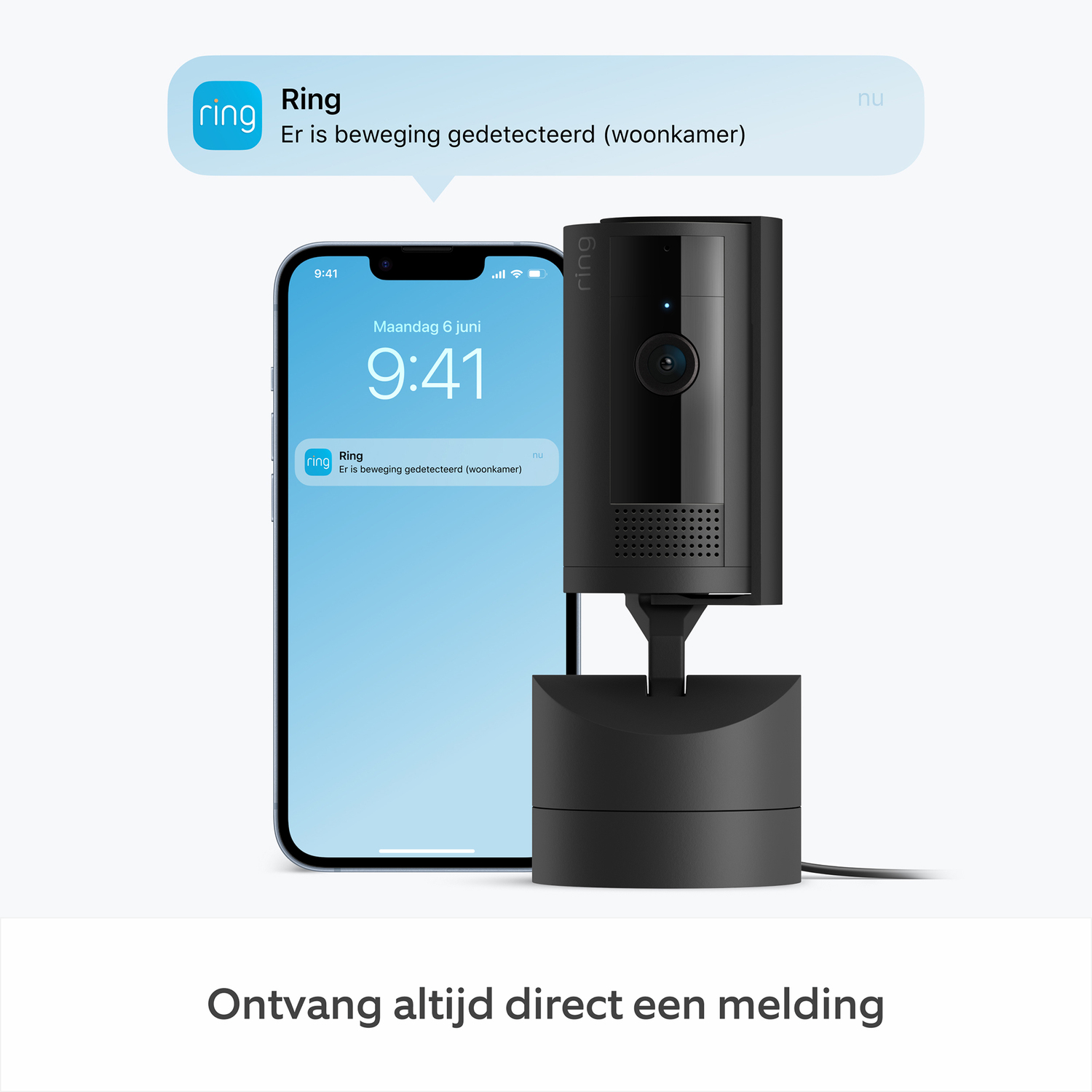 A phone with a Ring notification next to a black security camera and base, with text.