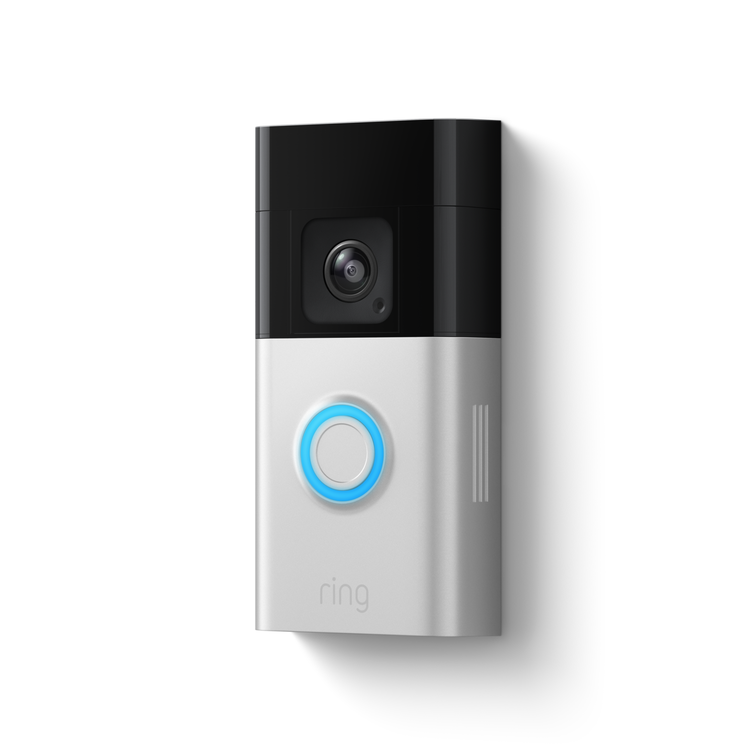 Sonnette vidéo Ring, un appareil rectangulaire noir et blanc avec une lumière bleue.