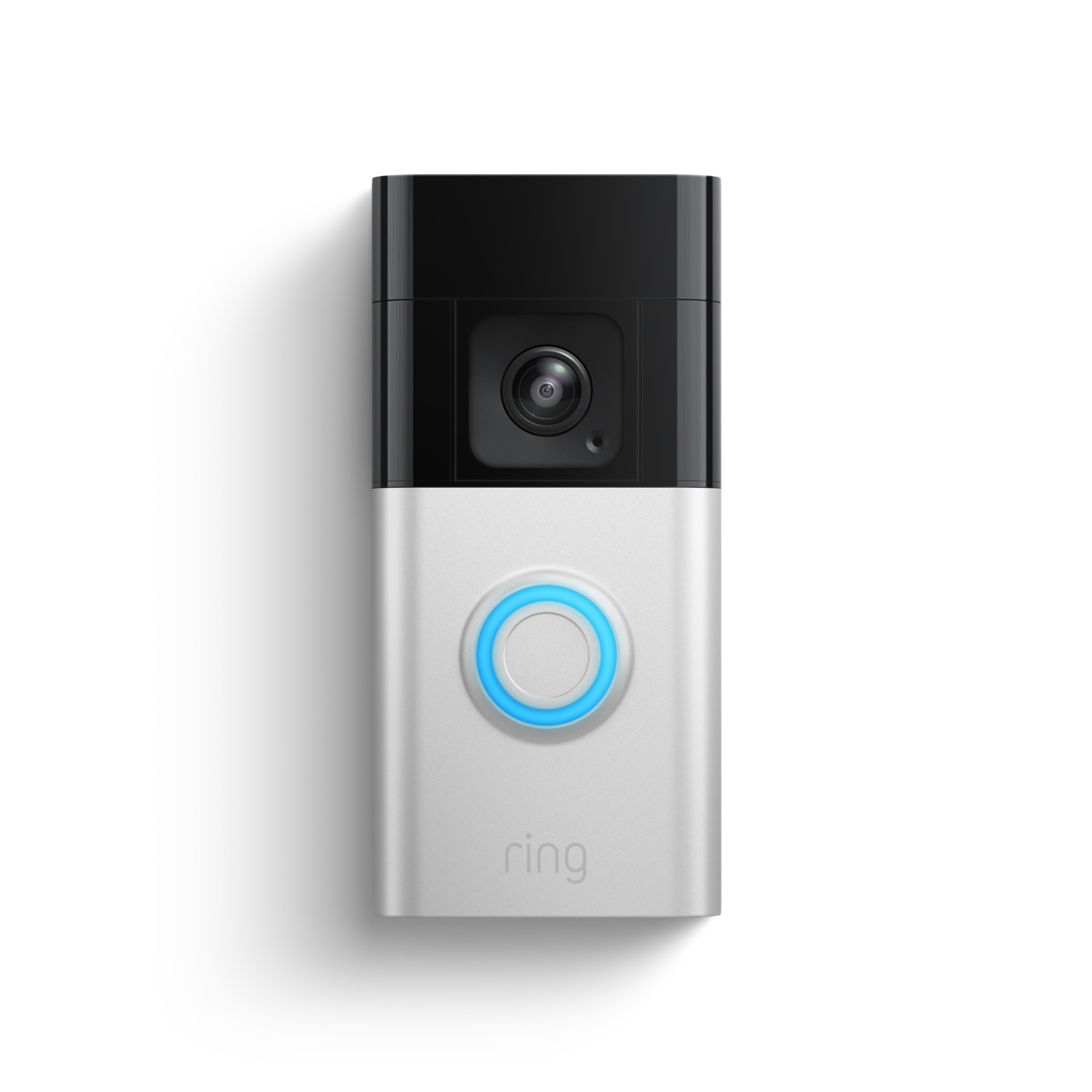 Sonnette vidéo Ring, design blanc et noir, avec un anneau bleu illuminé.
