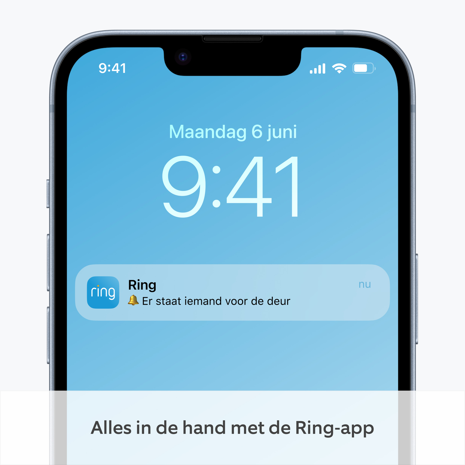 Smartphone scherm met een melding van de Ring app: Er staat iemand voor de deur. Tijd is 9:41.