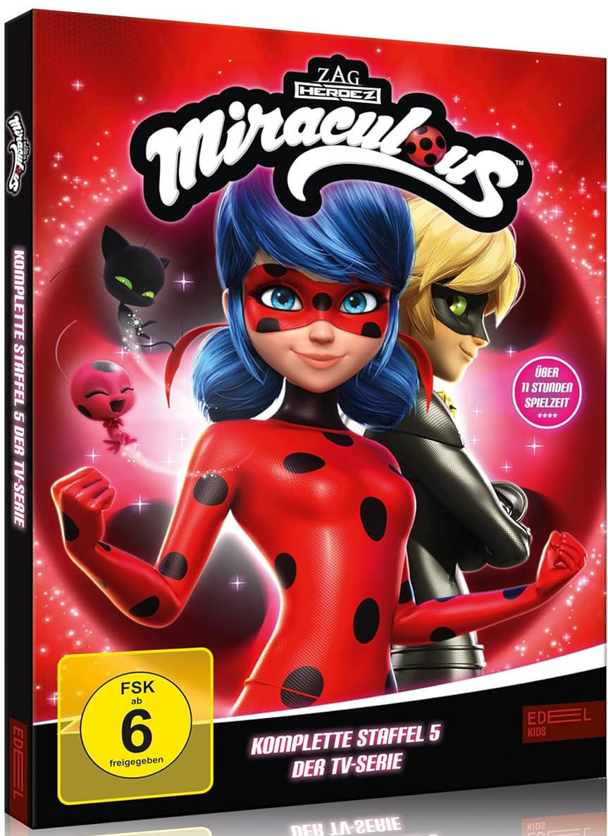 Miraculous Ladybug DVD-Cover. Das Cover zeigt die Hauptfiguren in einem rot-schwarzen Design.