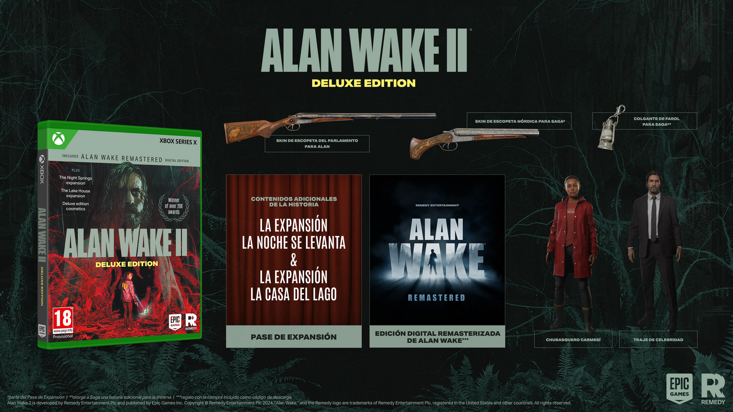 Caja de juego y accesorios para Alan Wake II Deluxe Edition, incluyendo armas y personajes.