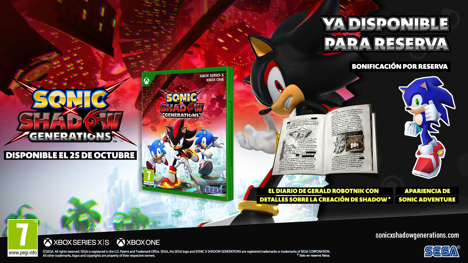 Imagen promocional con Sonic, Shadow y una caja de juego.