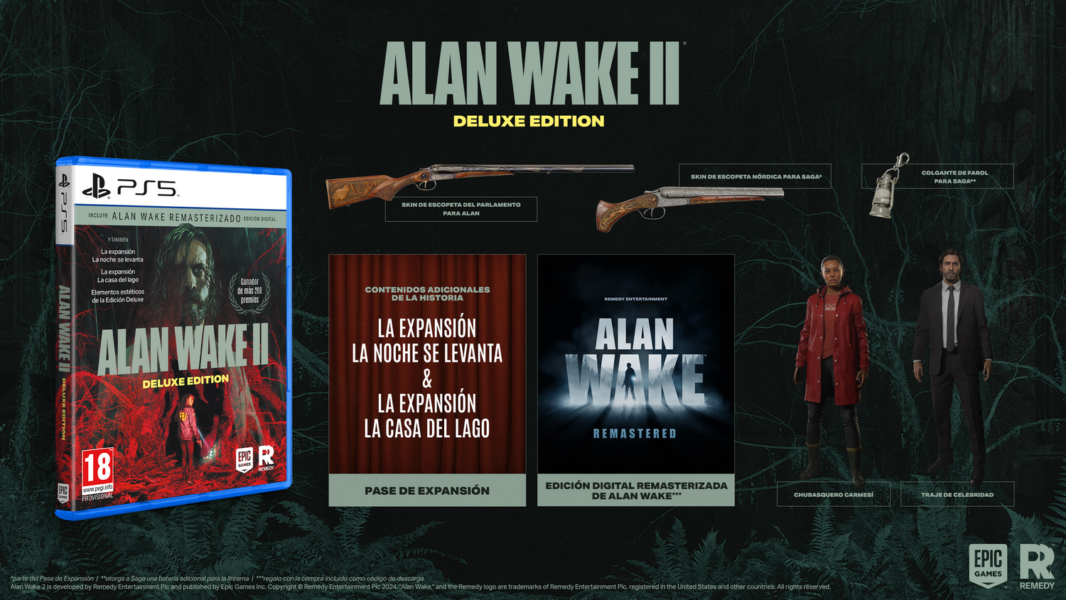 Portada del juego Alan Wake 2 Deluxe Edition, mostrando detalles del juego, personajes y armas.