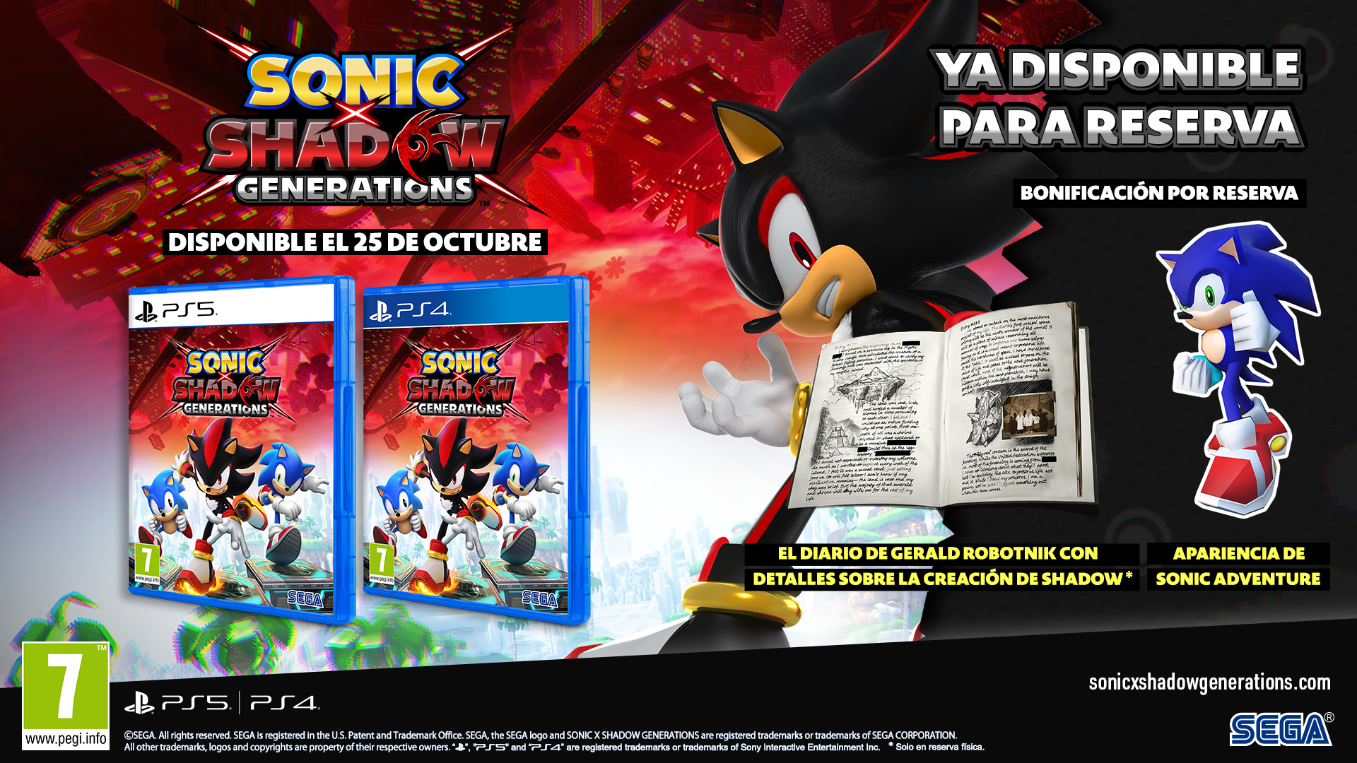 Una imagen promocional de Sonic Shadow Generations, que muestra las cajas del juego y los personajes.
