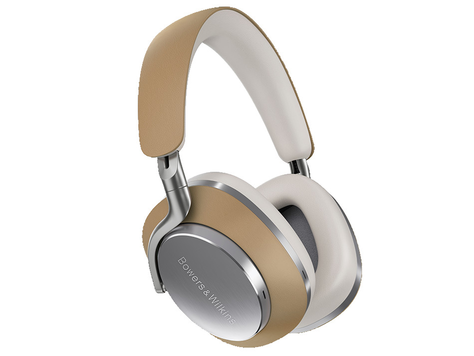 Słuchawki Bowers & Wilkins w kolorze beżowym i srebrnym na białym tle.