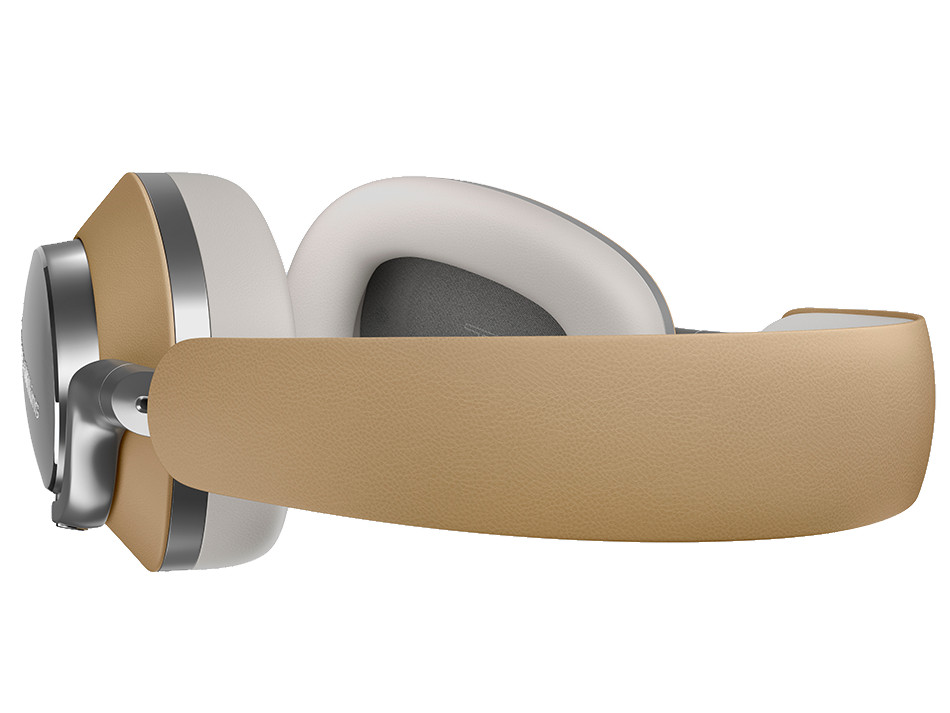 Para słuchawek, beżowych i srebrnych, pokazujących profil boczny.