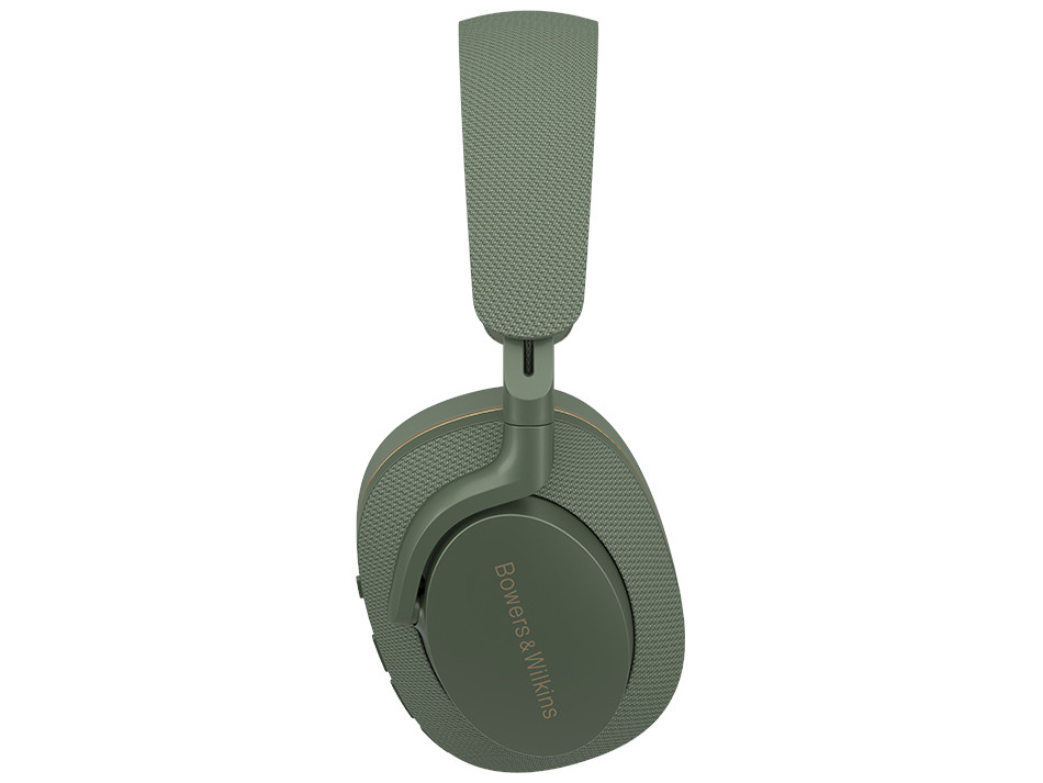 Zielone słuchawki Bowers & Wilkins. Szczegółowe ujęcie pokazujące nausznicę i pałąk.