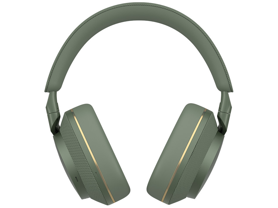 Słuchawki w kolorze oliwkowym ze złotymi akcentami, konstrukcja nauszna, pokazane na białym tle.