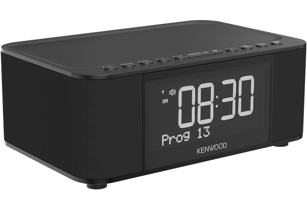 Schwarzer digitaler Kenwood-Wecker, der 08:30 Uhr und Prog 13 anzeigt.