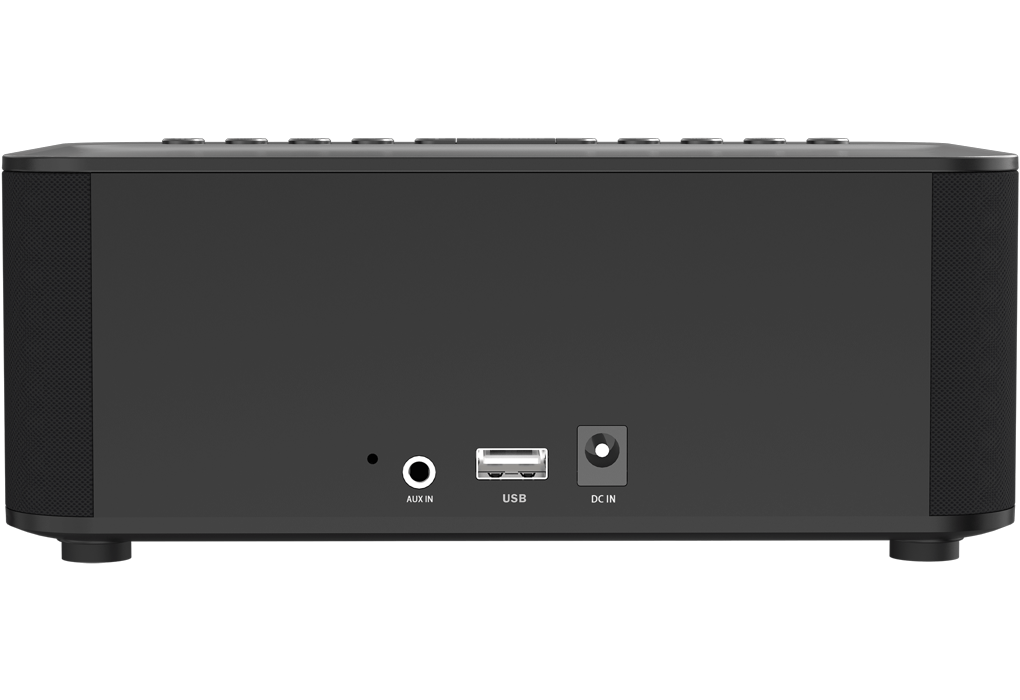 Ein schwarzer Lautsprecher mit Aux-In-, USB- und DC-In-Anschlüssen auf der Rückseite.