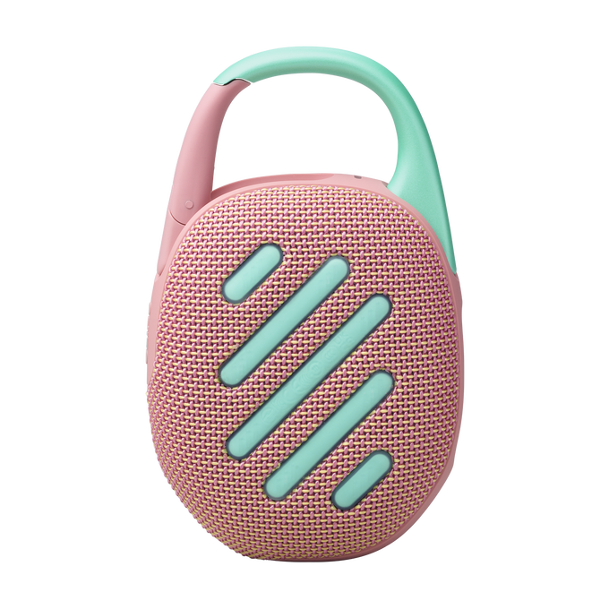 Altavoz portátil rosa y verde con clip.