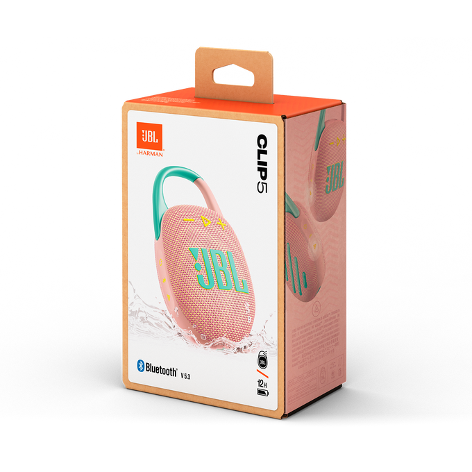 Altavoz JBL Clip 5 en caja. Altavoz rosa con asa verde visible.