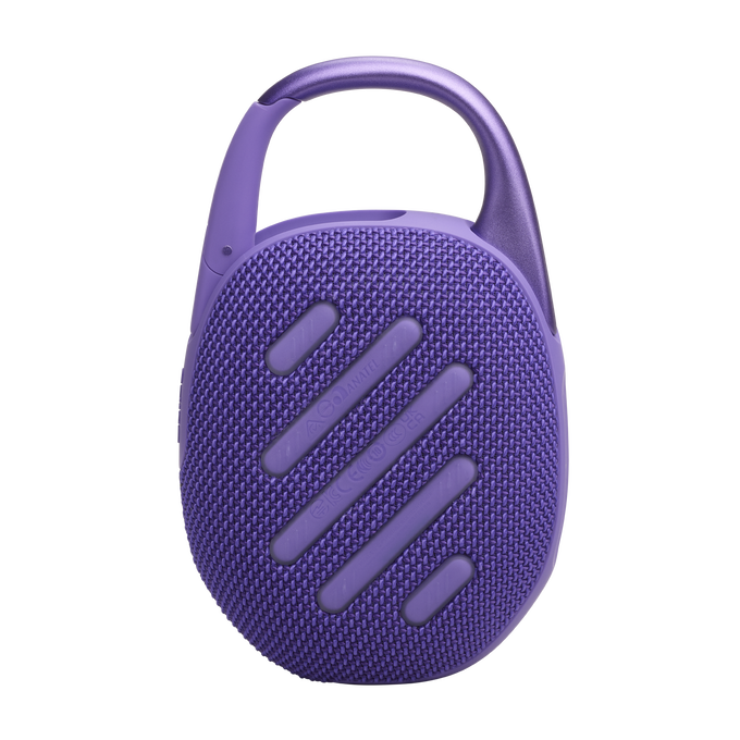 Altavoz portátil morado con asa. Frontal de malla, clip y marca JBL.