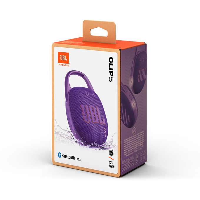 Altavoz morado JBL Clip 5 en su caja, con logo Bluetooth.