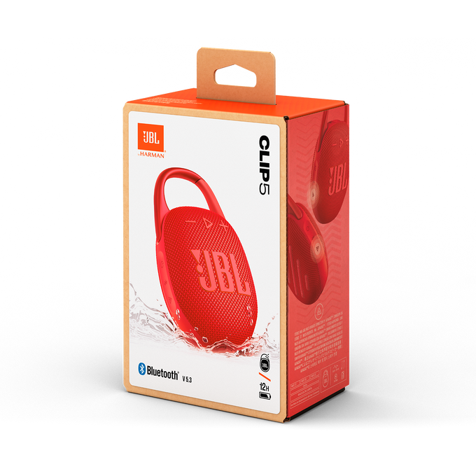 Altavoz JBL Clip 5 rojo en su caja, mostrando el altavoz y sus características.