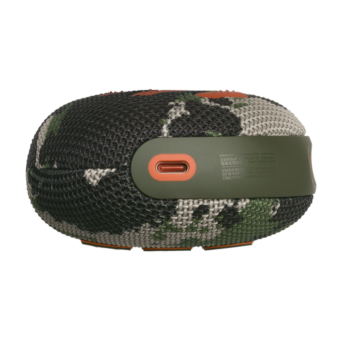 Altavoz camuflaje con puerto naranja. El altavoz es ovalado.