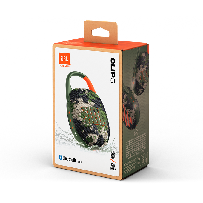 Caja del altavoz JBL Clip 5 con diseño de camuflaje verde y naranja.