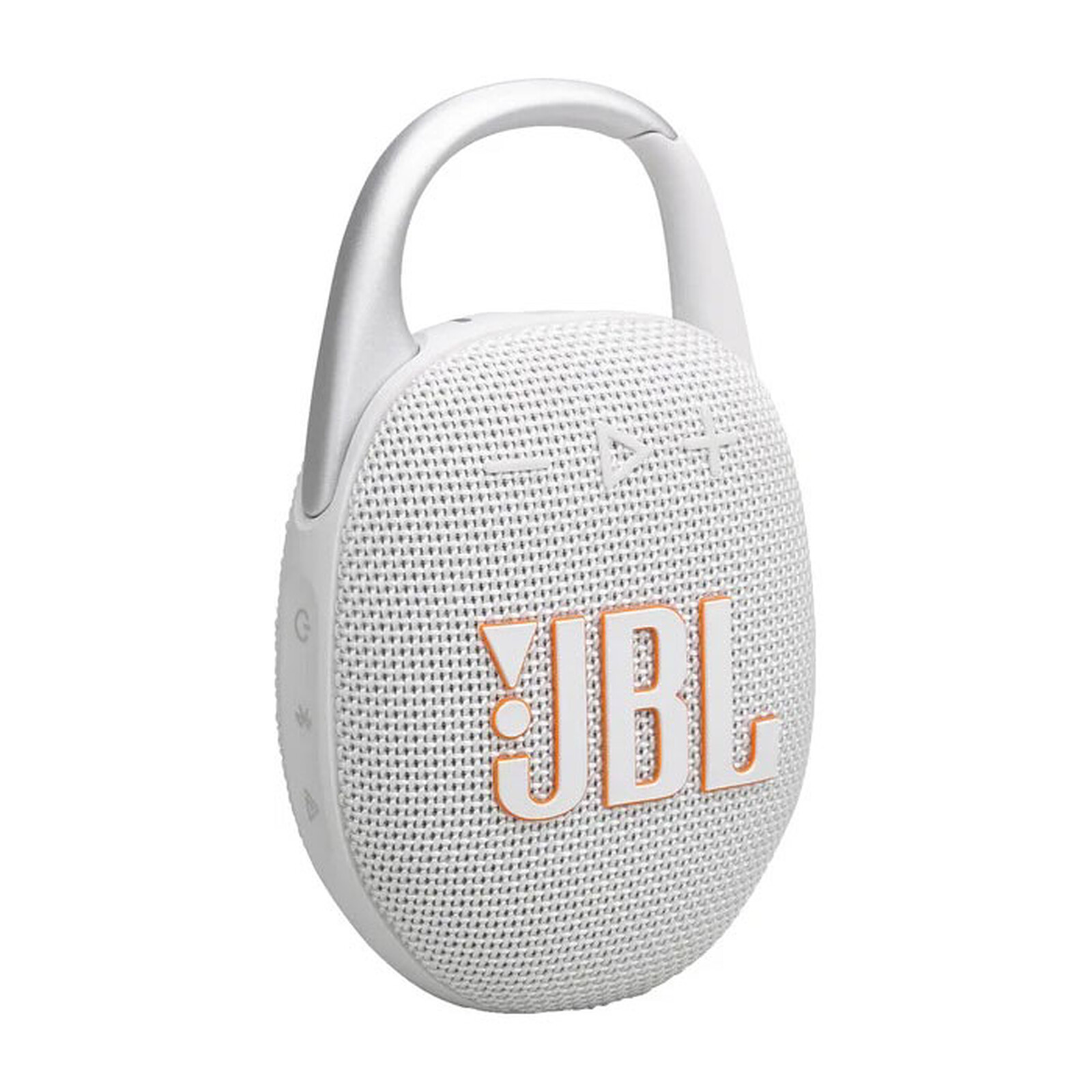 Altavoz portátil JBL Clip 4 blanco y naranja con asa, aislado en blanco.