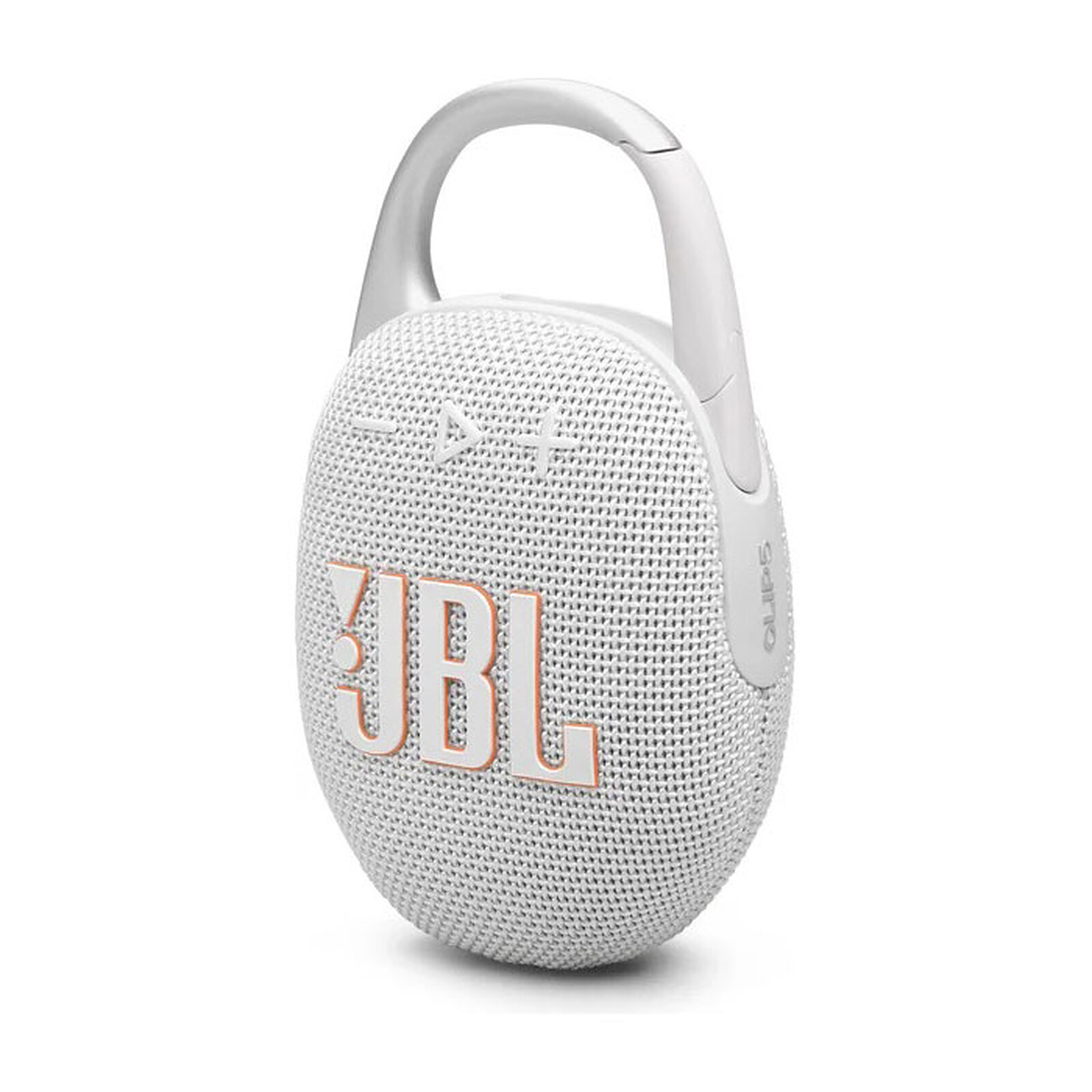 Altavoz JBL Clip blanco con un mosquetón blanco. Logotipo naranja de JBL. Fondo blanco.