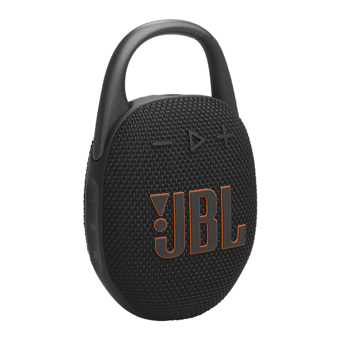 Altavoz portátil negro con el logotipo naranja de JBL.