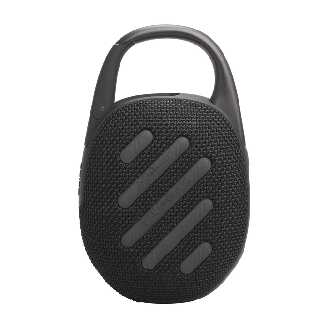 Altavoz portátil negro, forma ovalada, con asa. Acentos grises y superficie texturizada.