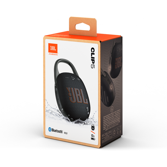 Altavoz JBL Clip 5 en su caja, mostrando el producto y sus características.