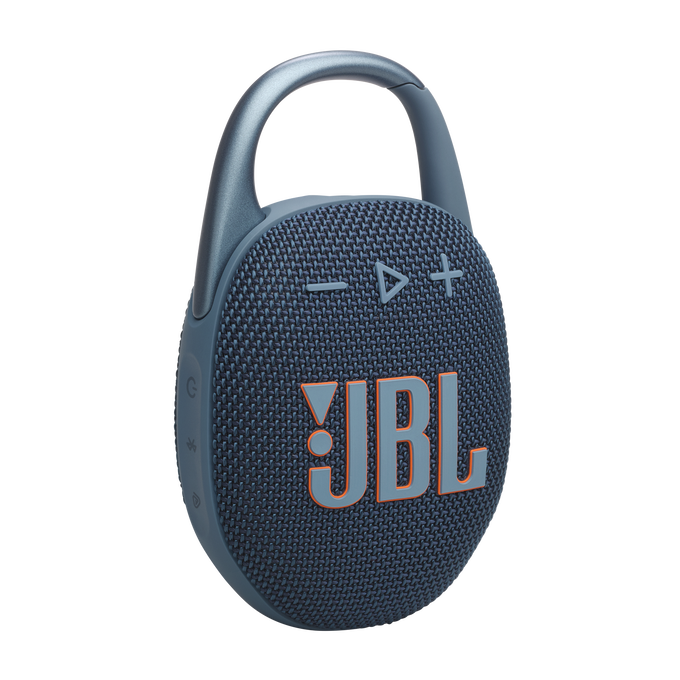 Altavoz portátil JBL Clip 4 azul y gris con mosquetón, vista aislada.