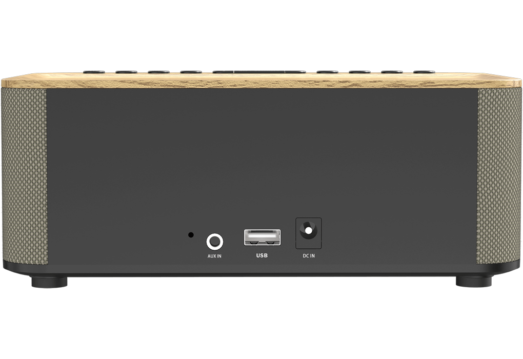 Schwarzer Lautsprecher mit Holzoberteil. Aux in, USB und DC in Anschlüsse hinten.