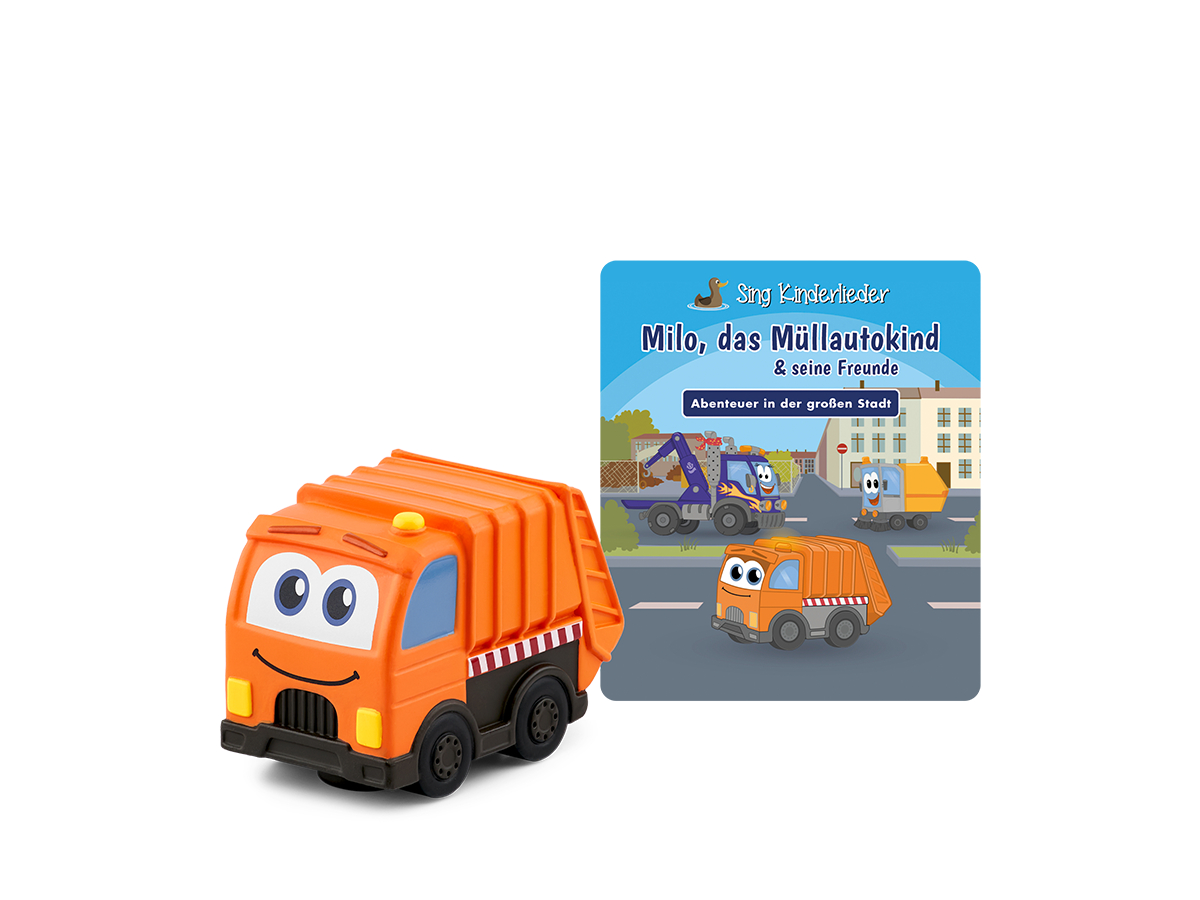 Spielzeug-Müllwagen mit Buch darüber.