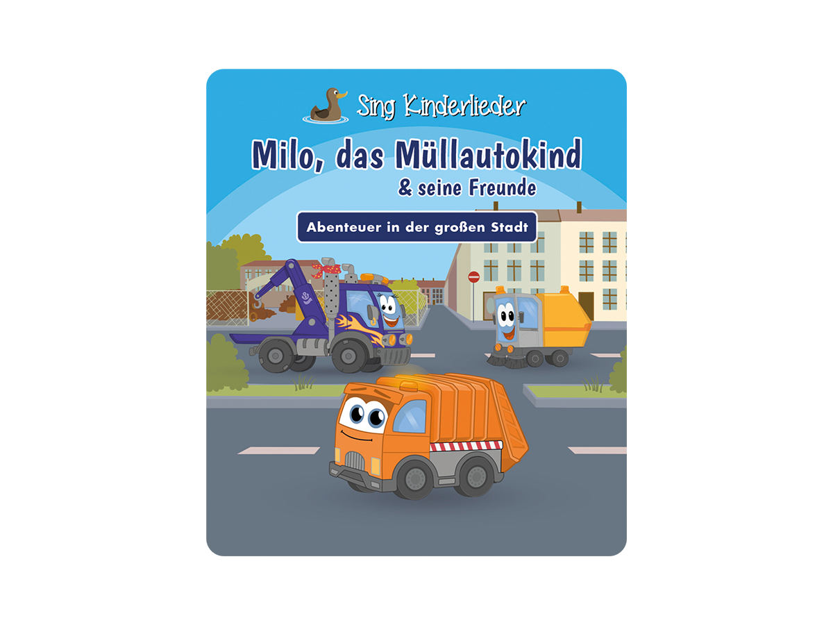 Cartoon-Buchcover mit drei Cartoon-Müllwagen auf einer Straße, mit Text über eine Geschichte.