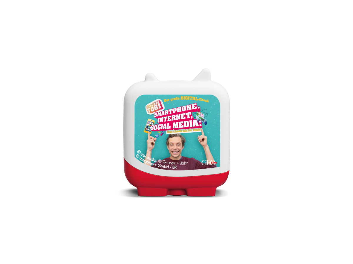 Ein rotes und weißes Spielzeug mit dem Text 'SMARTPHONE, INTERNET, SOCIAL MEDIA'. Ein Mann.