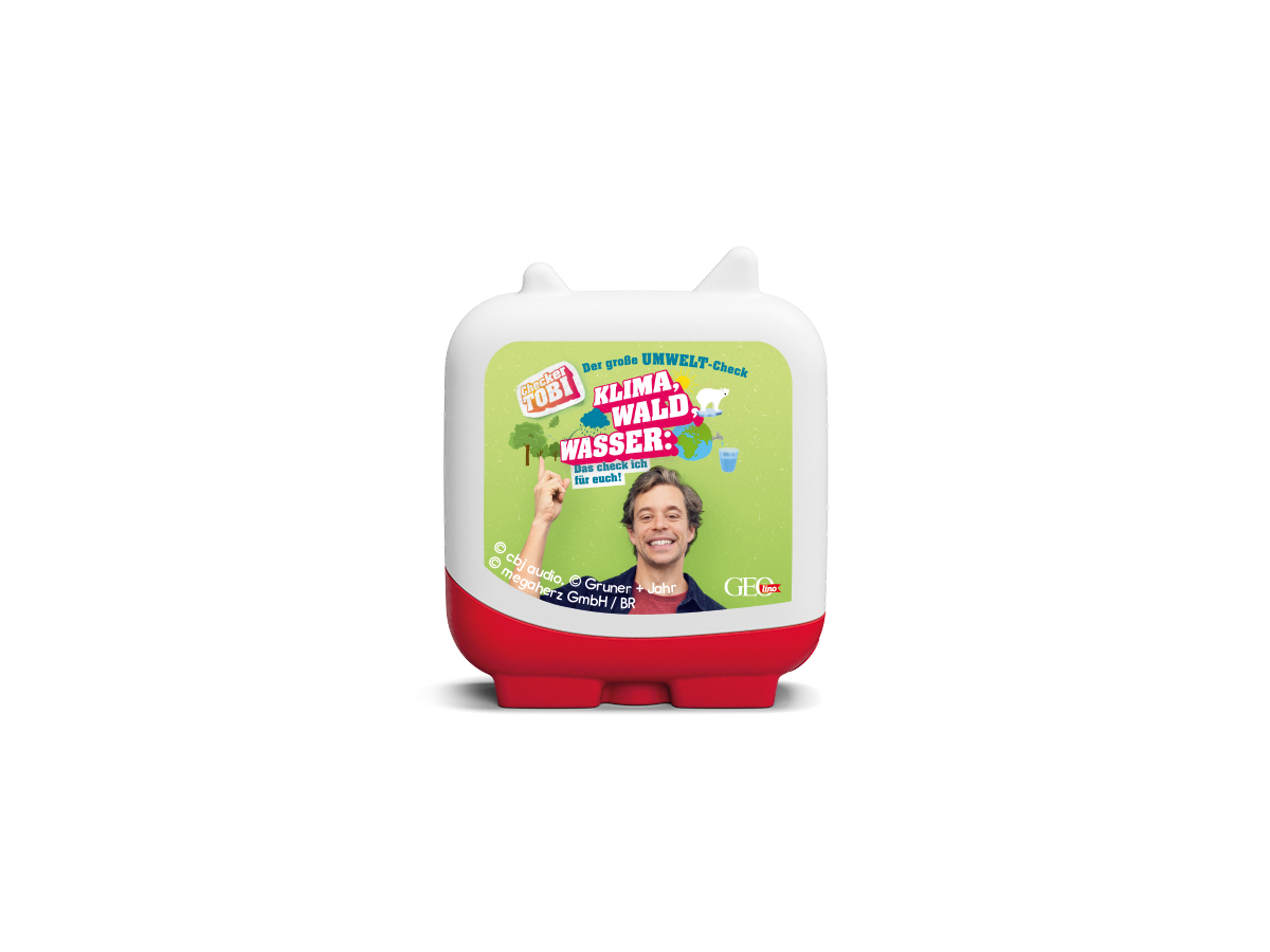 Eine weiß-rote Box mit einem Cartoon-Bild eines Mannes und Text auf der Vorderseite.