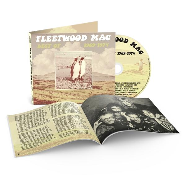 Fleetwood Mac albumborító. CD, borító és füzet egy tengerparti jelenetet mutat pingvinekkel és a zenekar tagjaival.