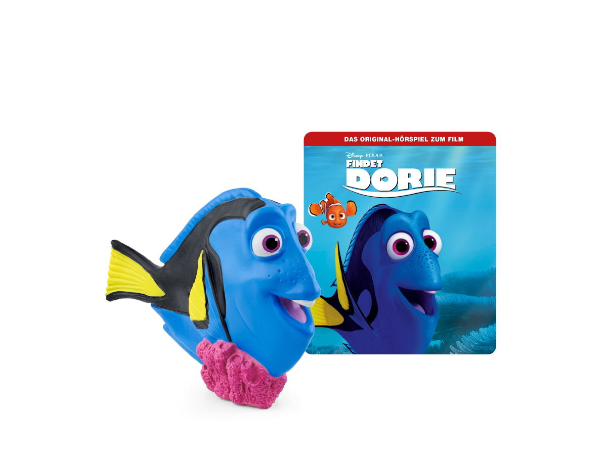 Ein blaues Finding Dory Spielzeug und eine DVD-Hülle mit Finding Dory Filmcover.