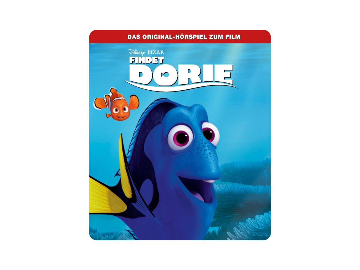 Filmcover für 'Findet Dorie', mit Dorie und Nemo auf blau-weißem Hintergrund.