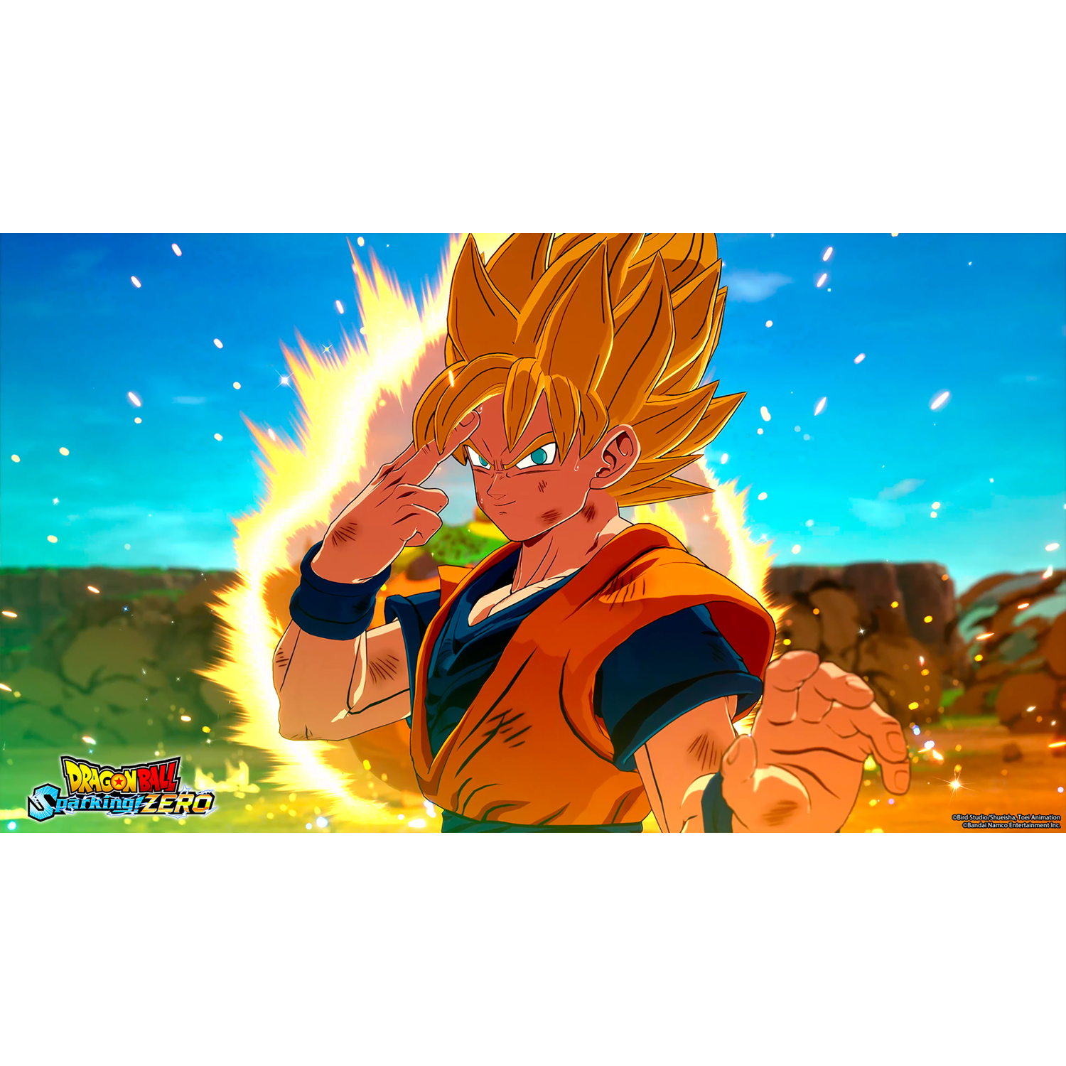 Goku in posa da combattimento con effetti energia e logo Dragon Ball.