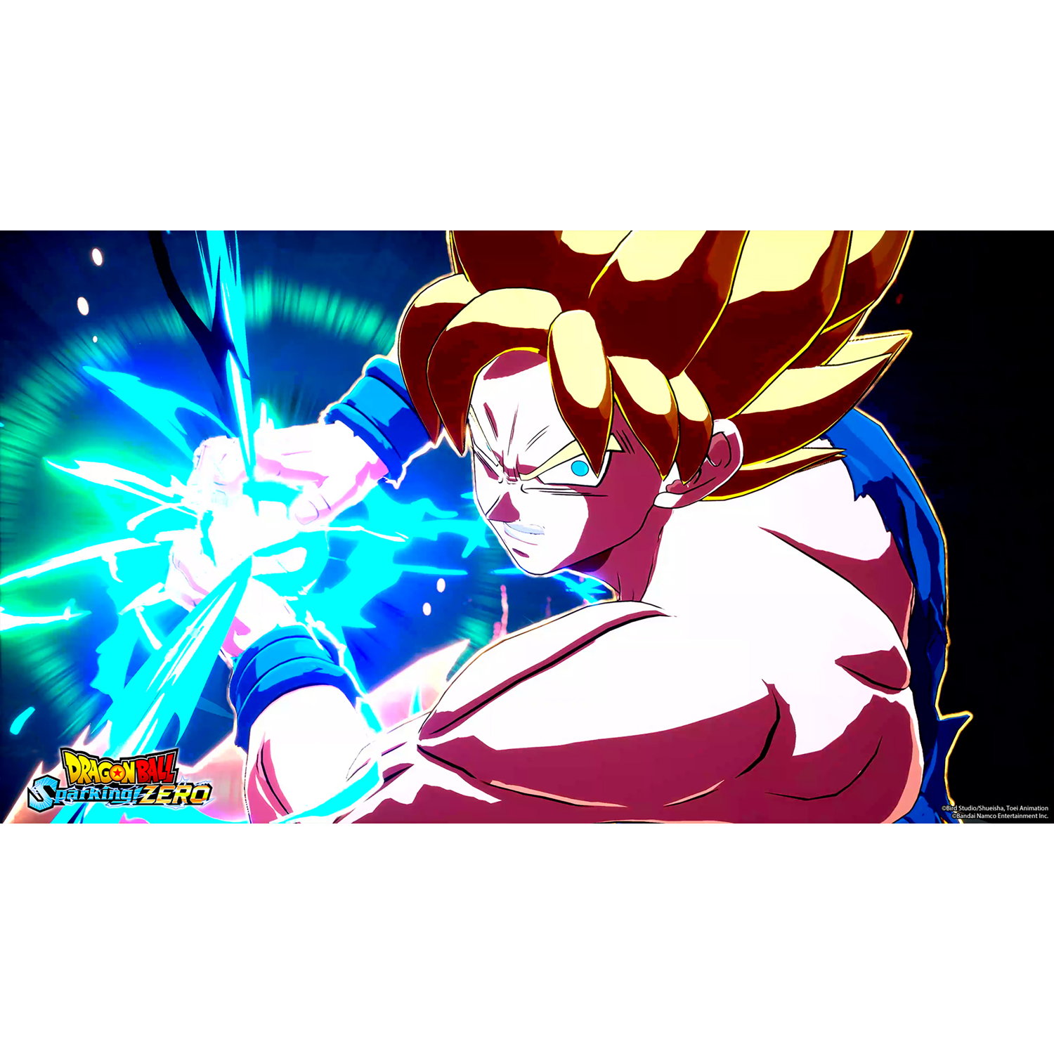 Goku da Dragon Ball Training Zero, energia blu, posa d'azione, capelli gialli, espressione concentrata.