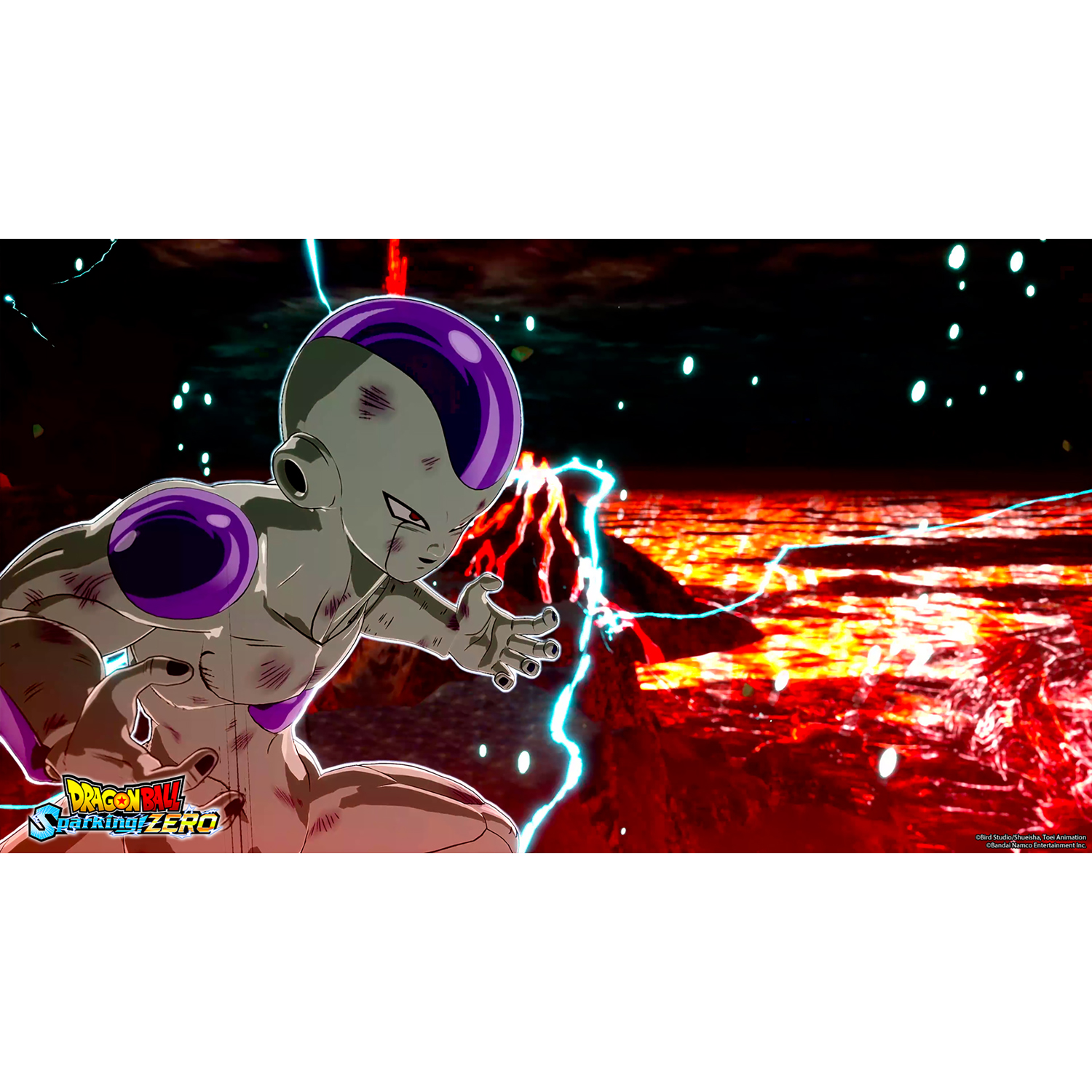 Scena di Dragon Ball Z. Freezer, un personaggio dalla testa viola, guarda avanti con sfondo rosso e fulmini.