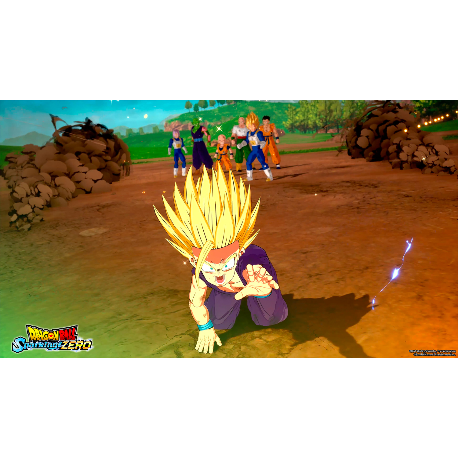 Scena del gioco Dragon Ball Z. Un personaggio è a terra. Altri personaggi sullo sfondo.