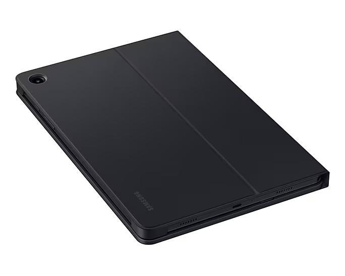 Geschlossenes schwarzes Tablet mit Samsung-Logo. Es ist ein schlankes, rechteckiges Gerät mit Abdeckung.