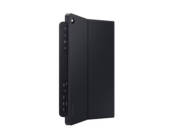 Schwarzes Tablet mit Tastaturhülle. Die Tastatur befindet sich auf der linken Seite.
