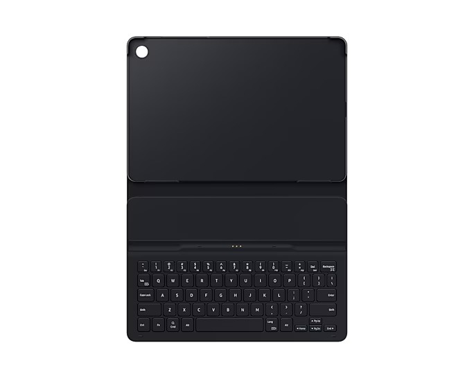 Schwarze Tablet-Hülle mit angeschlossener Tastatur.