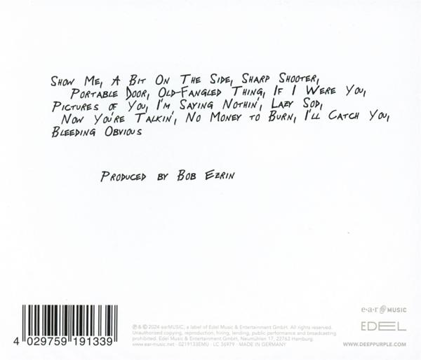 Ein handgeschriebenes Textblatt mit Songtiteln und 'Produced by Bob Ezrin' unten.