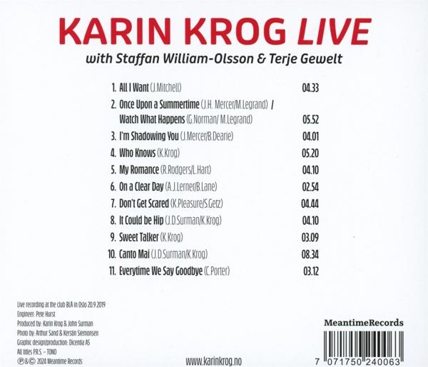 Albumcover mit Titel 'KARIN KROG LIVE', Songliste und Bandinformationen.