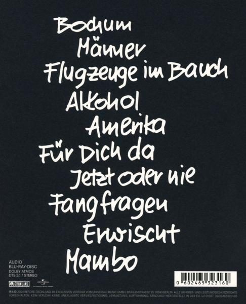 Albumcover mit Songtiteln in Weiß auf schwarzem Hintergrund und einem Barcode.