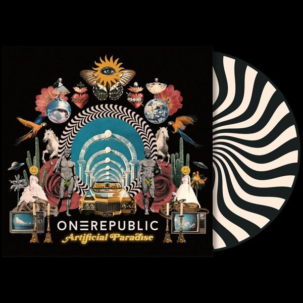 Albumcover: OneRepublic, Artificial Paradise. Verschiedene surreale Bilder auf schwarzem Hintergrund. Vinylplatte.