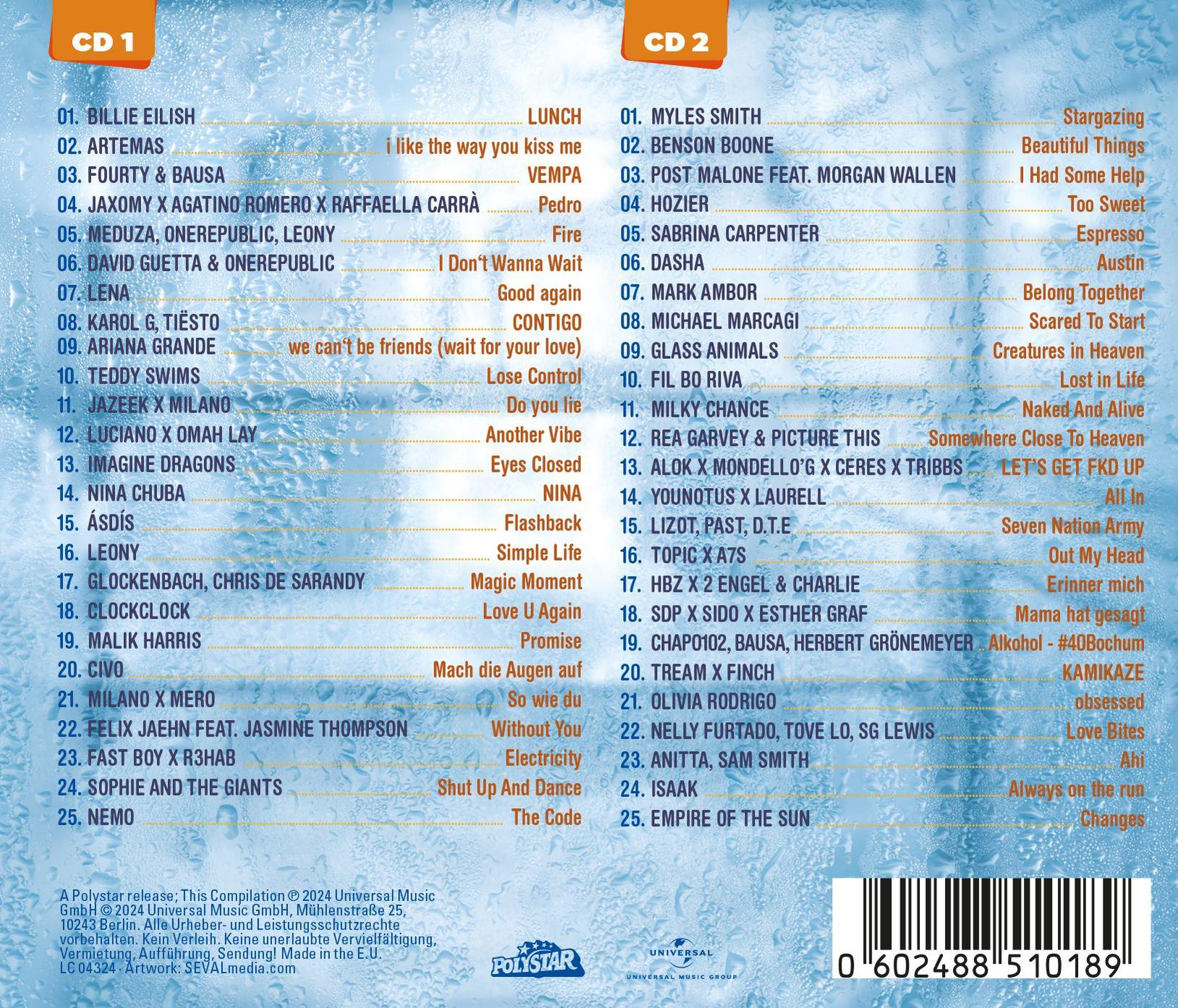 CD-Kompilation mit zwei Discs, verschiedene Künstler und Songtitel sind aufgelistet.