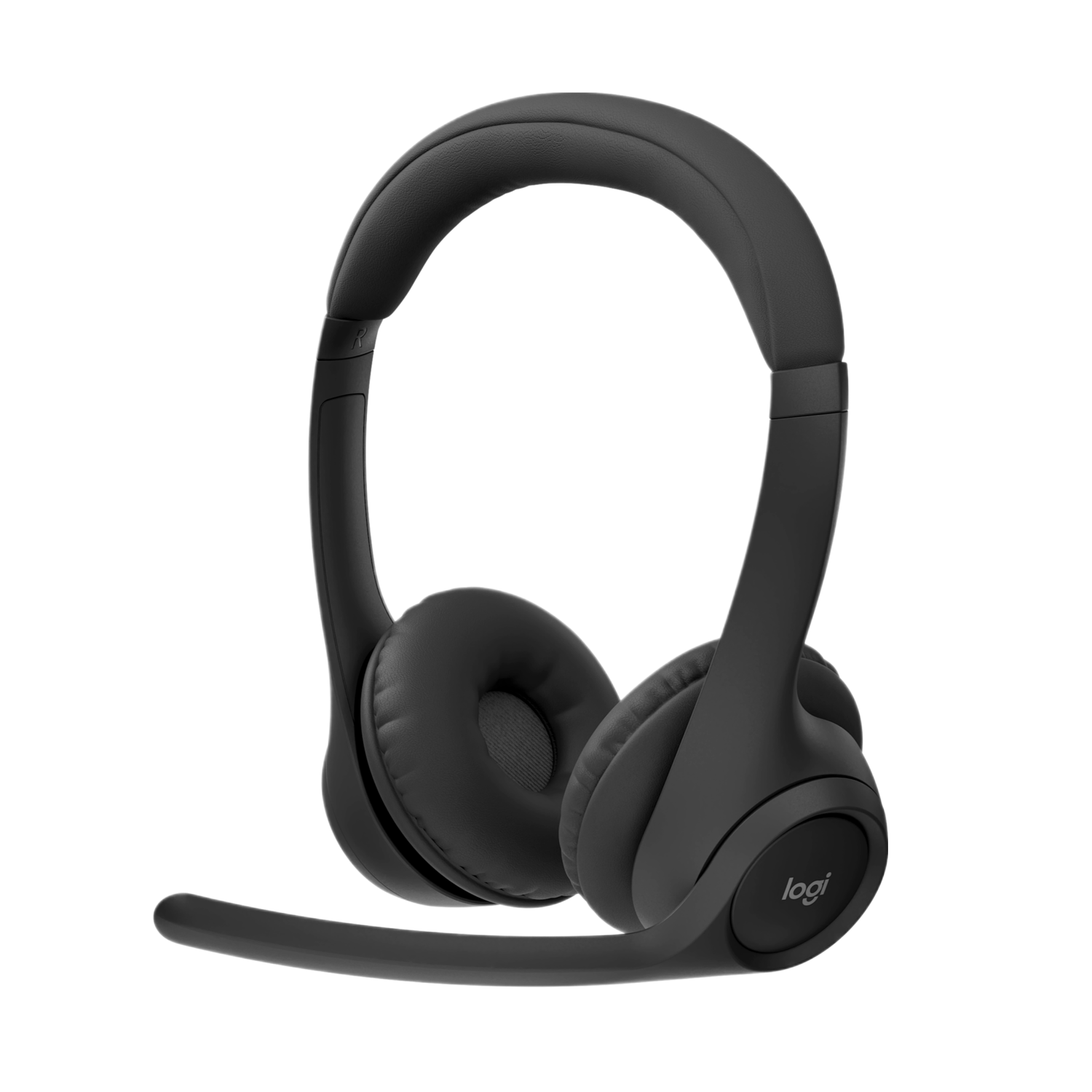 Black Logitech headphones with a microphone, on a dark background.