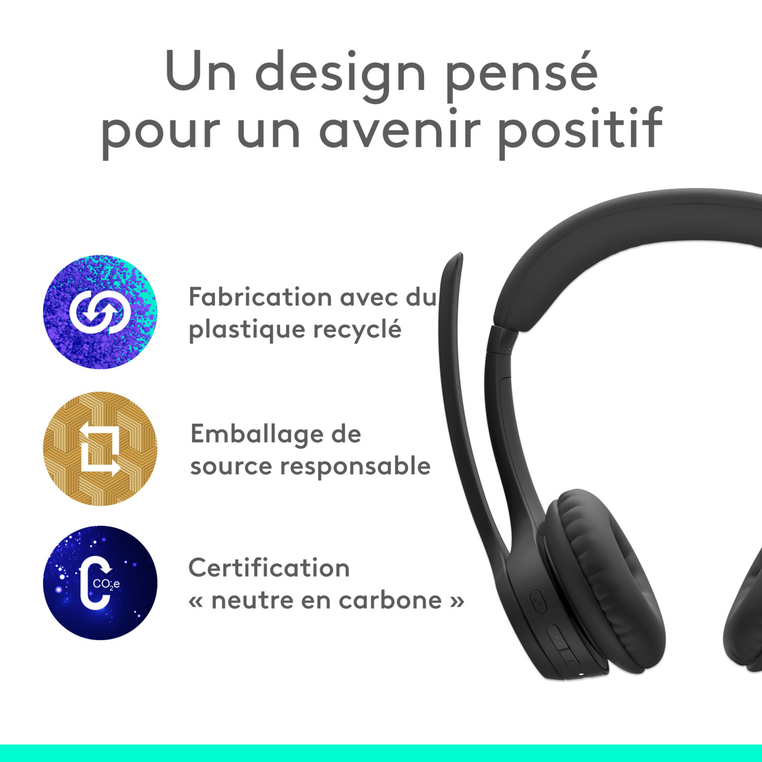 Casque noir avec texte sur le recyclage et la neutralité carbone. Fond blanc avec icônes.